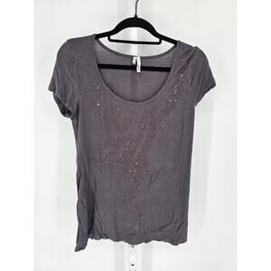 Studio Y Womens Sz M Short SLeeve Embellished T Shirt Gray Silver Studded Y2K